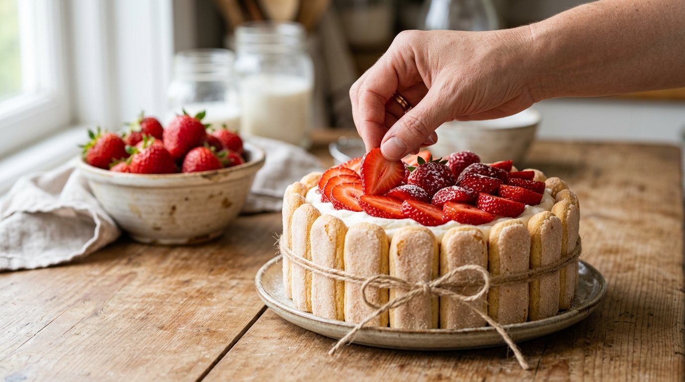 entdecken Sie das einfache Rezept für eine luftige Erdbeerkarlotte ohne Backofen - das perfekte Frühlingsdessert mit Löffelbiskuits und cremiger Füllung