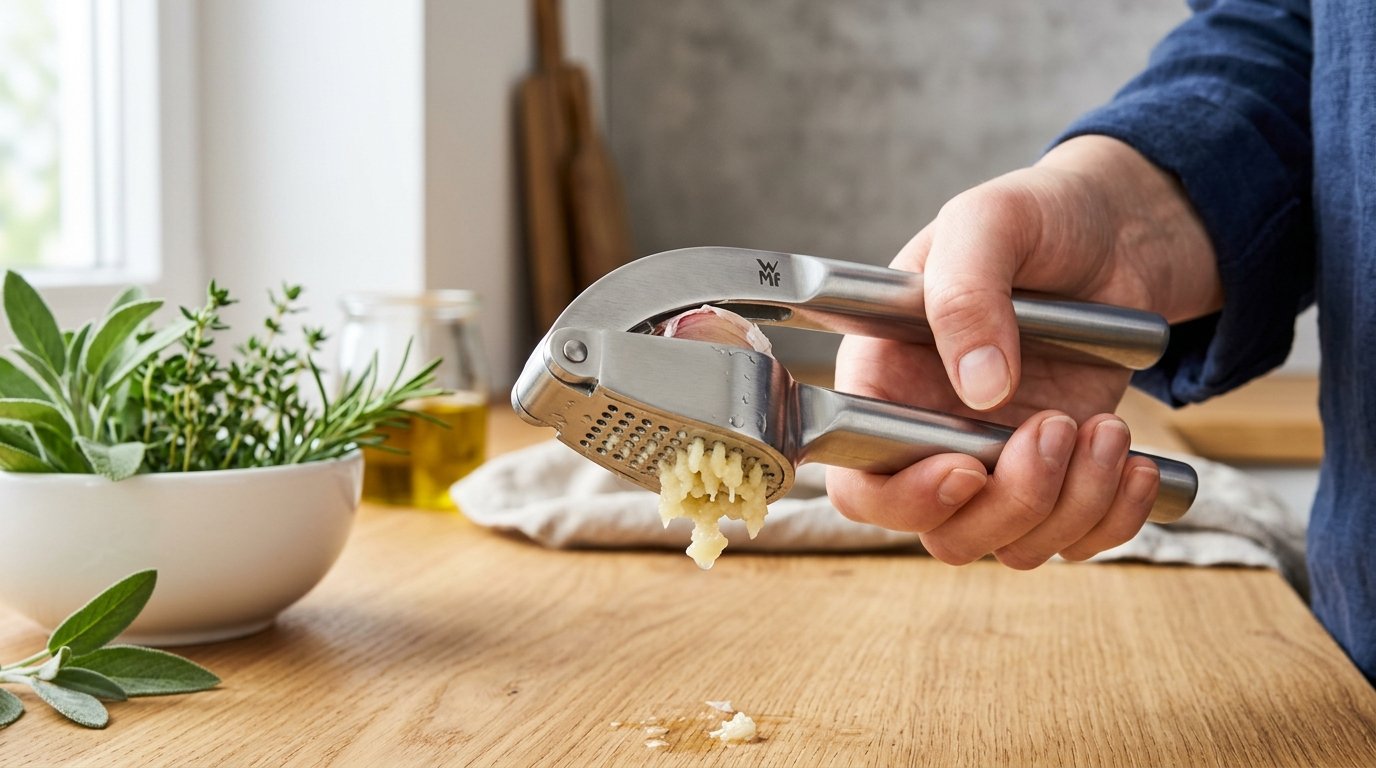 entdecken Sie die praktische Geheim-Funktion der Knoblauchpresse, mit der Sie Knoblauch ganz einfach schälen und zubereiten können