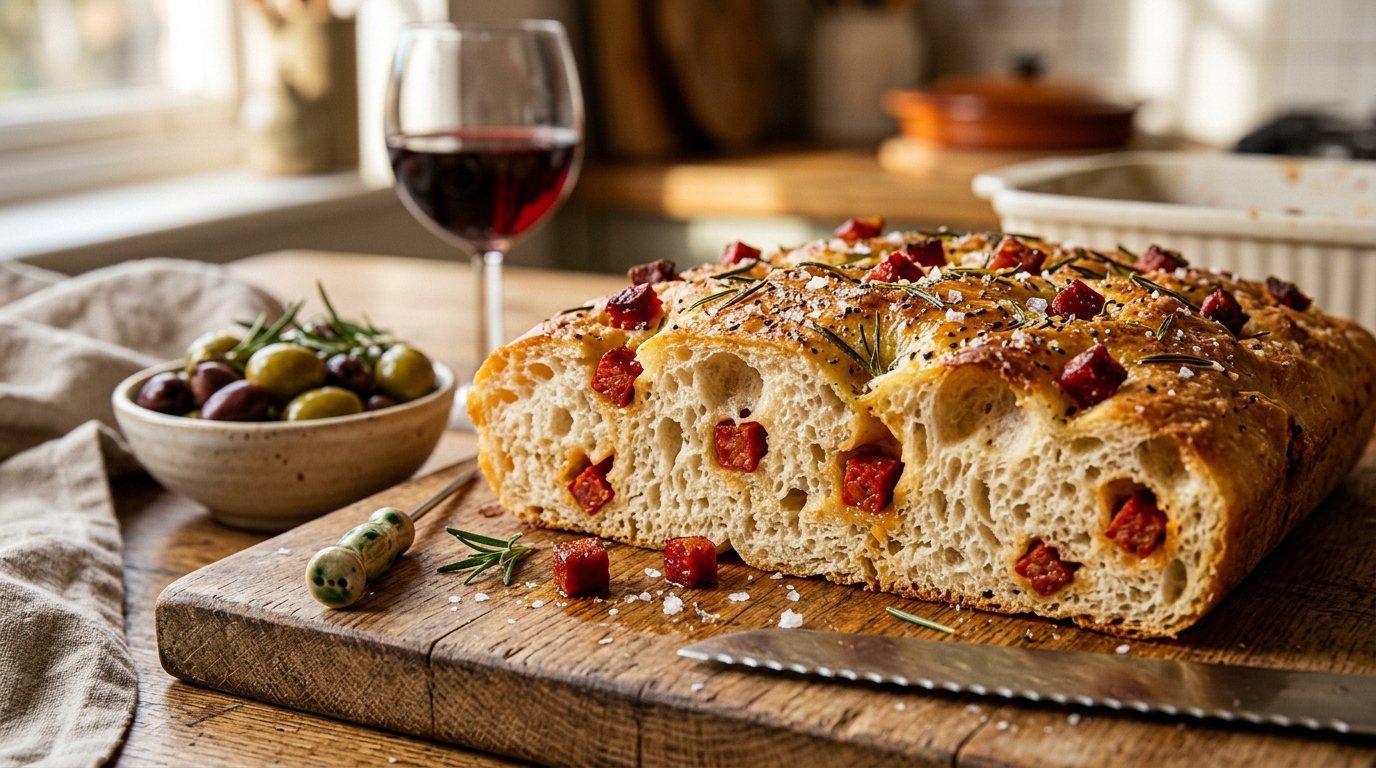 entdecken Sie, wie Chorizo im weichen Focaccia-Teig versteckt eine köstliche Geschmacksexplosion bei jedem Bissen sorgt und Ihre Aperitifs transformiert