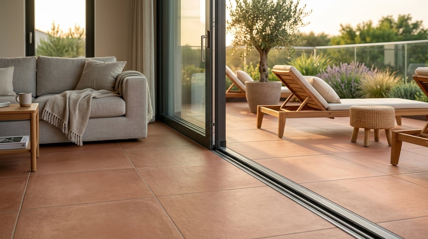 terrakottafliesen verleihen ihrem wohnzimmer und garten eine warme, nahtlose ästhetik und verbinden innen- und außenbereiche harmonisch mit diesem ökologischen naturmaterial