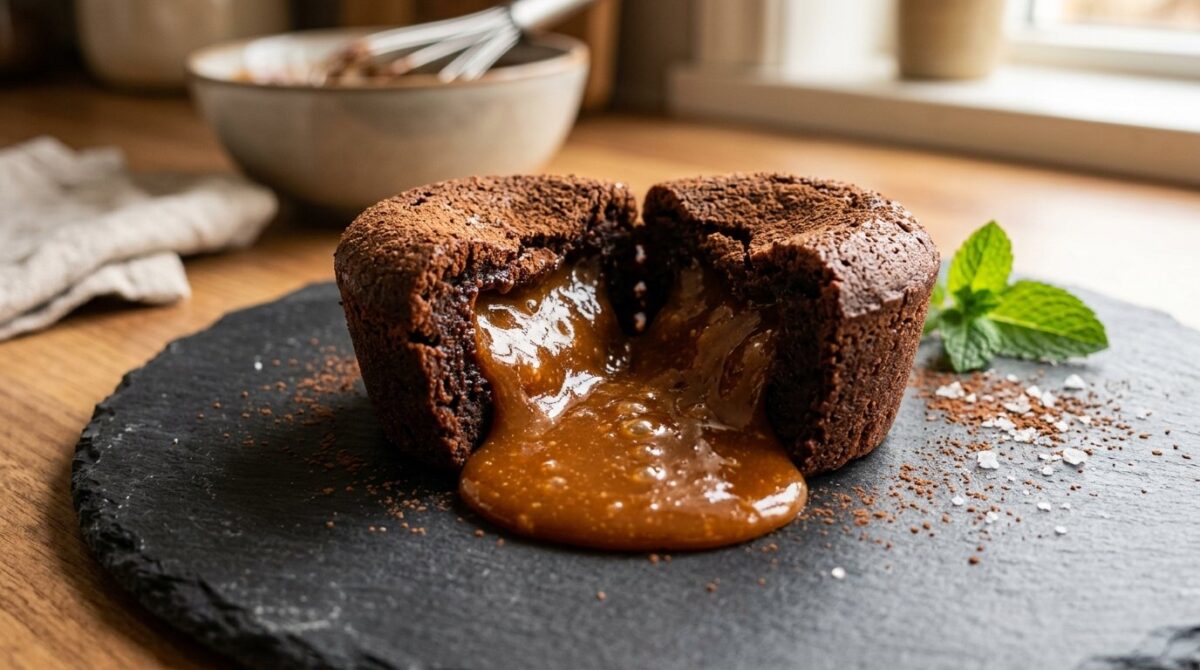 entdecken Sie das einfache Rezept für einen saftigen Schokoladenkuchen mit flüssigem Karamellherz - ein köstliches und günstiges Dessert zum Selbermachen