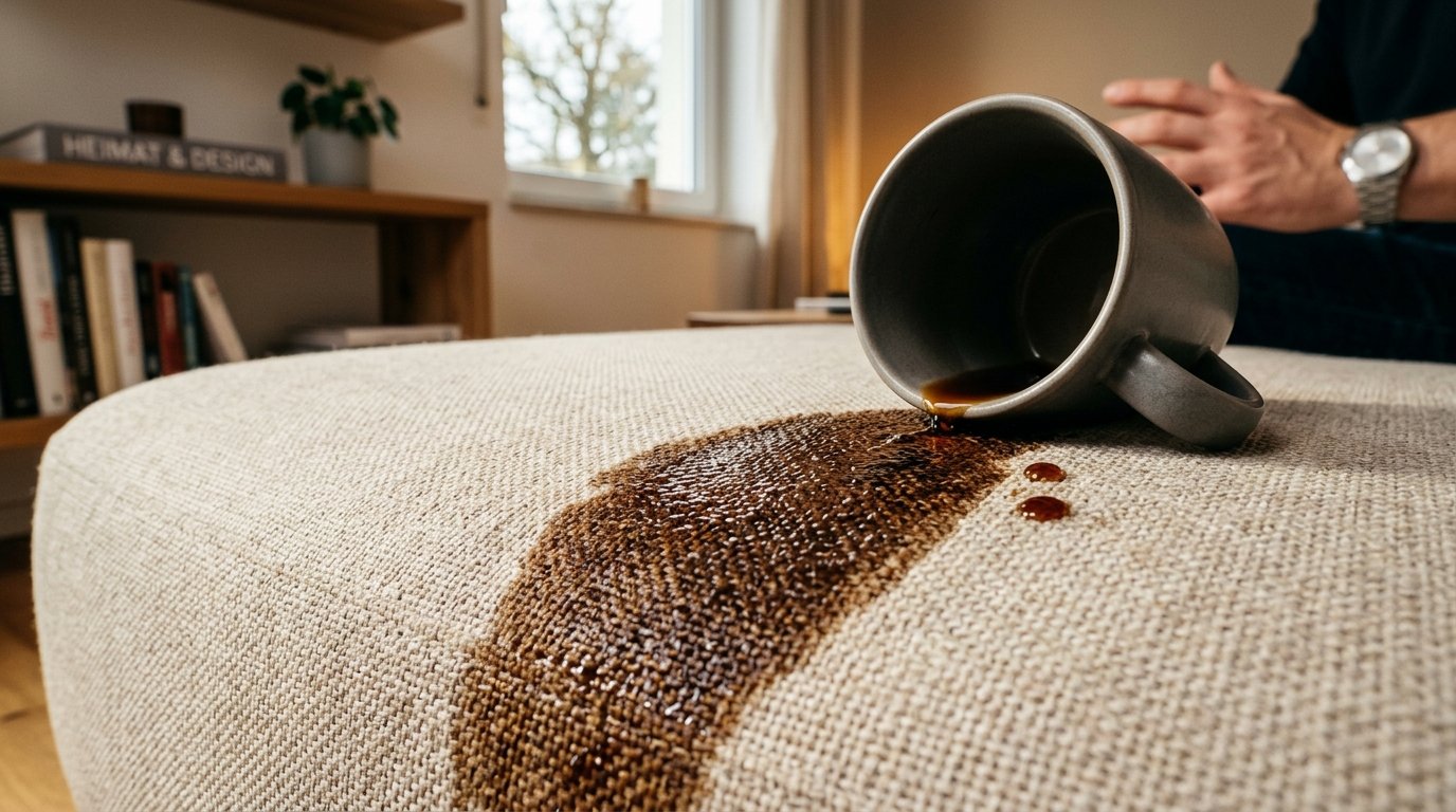 entdecken Sie, wie ein einfaches Küchenpulver hartnäckige Kaffeeflecken vom Stoffsofa entfernt, ohne Lichthöfe zu hinterlassen