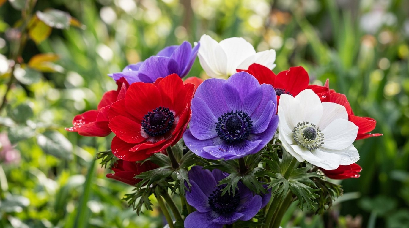 entdecken Sie die faszinierende Anemone De Caen mit ihrem dramatischen Kontrast zwischen schwarzem Herzen und leuchtend farbigen Blütenblättern für Ihren Garten